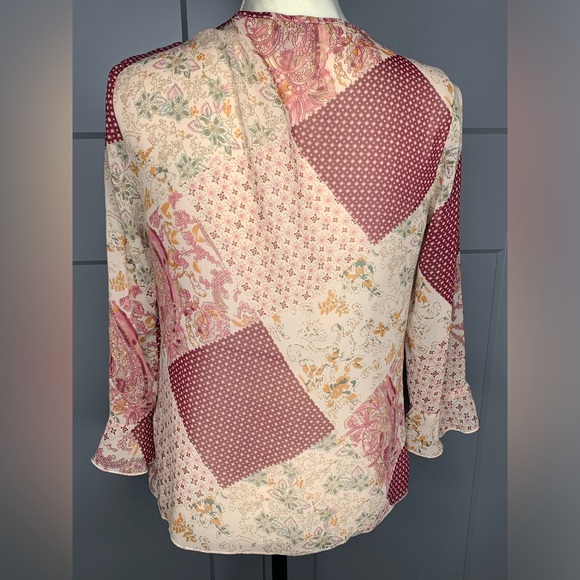 Apt 9 Floral Jabot Sheer Blouse Womens Small Ruffle Front Bell Sleeve Boho - Picture 2 of 10